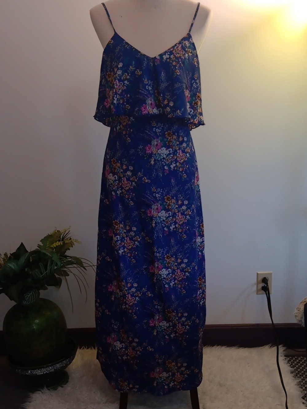 Blue Floral Spaghetti-Strap Maxi Dress